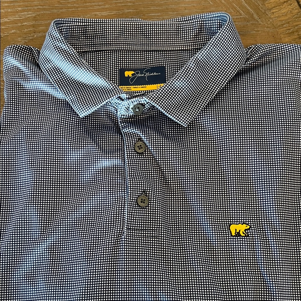Jack Nicklaus Navy Micro-Check Polo with Golden Bear Bear Emblem